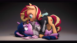Size: 9600x5400 | Tagged: safe, artist:imafutureguitarhero, derpibooru import, sci-twi, sunset shimmer, twilight sparkle, twilight sparkle (alicorn), alicorn, pony, unicorn, art pack:hearts and lewds, 3d, :p, absurd resolution, adidas, black bars, blushing, cheek fluff, chromatic aberration, clothes, colored eyebrows, colored eyelashes, cute, daaaaaaaaaaaw, dock, dork, duo, ear fluff, ears, female, film grain, fluffy, freckles, fur, glasses, hoodie, hoof fluff, horn, jacket, leg fluff, lesbian, looking at each other, looking at someone, mare, multicolored hair, multicolored tail, neck fluff, peppered bacon, revamped ponies, scitwilicorn, scitwishimmer, shimmerbetes, shipping, signature, smiling, smiling at each other, source filmmaker, sunsetsparkle, tail, tongue, tongue out, twiabetes, unshorn fetlocks, wall of tags, wings