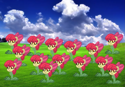 Size: 1077x751 | Tagged: safe, derpibooru import, editor:gildor, apple bloom, pony, flower, pony town, pun, scenery, visual pun