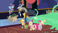 Size: 640x360 | Tagged: safe, derpibooru import, screencap, applejack, discord, fluttershy, pinkie pie, rainbow dash, draconequus, earth pony, pegasus, pony, best gift ever, animated, applejack's hat, arrow, clothes, cowboy hat, female, flying, gif, gifs.com, hat, male, mare, open mouth, out of context, pointing, pun, scarf, spread wings, twilight's castle, visual pun, wings