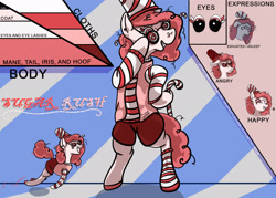 Size: 2100x1500 | Tagged: safe, artist:hemlock conium, derpibooru import, oc, oc only, oc:sugar rush, earth pony, candy, candy cane, clothed ponies, clothes, earth pony oc, female, food, mare, reference sheet, socks, solo, striped socks