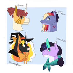 Size: 1280x1280 | Tagged: safe, artist:melonboi13, derpibooru import, oc, oc only, oc:clarabelle, oc:ignatius spark, oc:pumpkin brew, oc:scroll flame, dracony, hybrid, pony, unicorn, zony, adopted offspring, bust, female, interspecies offspring, magical lesbian spawn, male, mare, offspring, parent:princess luna, parent:rarity, parent:spike, parent:sweetie belle, parent:twilight sparkle, parents:sparity, parents:twiluna