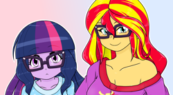 Size: 1382x765 | Tagged: safe, alternate version, artist:batipin, derpibooru import, sunset shimmer, twilight sparkle, equestria girls, glasses