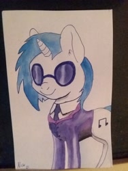 Size: 1932x2576 | Tagged: safe, artist:dr nick taco, twibooru import, dj pon-3, vinyl scratch, pony, unicorn, blue hair, female, glasses, mare, necktie, painting, photo, simple background, solo, traditional art, watercolor painting, white background