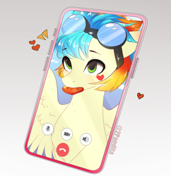 Size: 2032x2100 | Tagged: safe, artist:2pandita, derpibooru import, oc, pegasus, pony, cellphone, female, goggles, mare, mouth hold, phone, solo