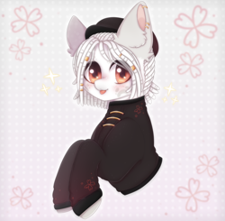 Size: 2040x2000 | Tagged: safe, derpibooru import, oc, oc only, earth pony, pony, blushing, clothes, commission, costume, cute, ear fluff, ears, flower, gold, hat, male, orange eyes, simple background, solo, tongue, tongue out, white background, white body