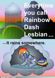 Size: 849x1200 | Tagged: artist needed, safe, derpibooru import, rainbow dash, cloud, crying, female, lesbian, meme, my little brony, rain, raincloud, sad