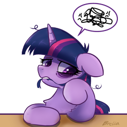 Size: 1000x1000 | Tagged: safe, artist:brella, derpibooru import, twilight sparkle, pony, bags under eyes, ears, female, floppy ears, horn, mane bite, mare, messy mane, signature, simple background, solo, speech bubble, tired, transparent background