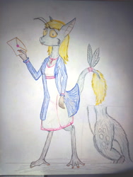 Size: 3072x4096 | Tagged: safe, artist:mildgyth, derpibooru import, derpy hooves, clothes, feather, februpony, female, letter, solo, species swap, traditional art, yinglet