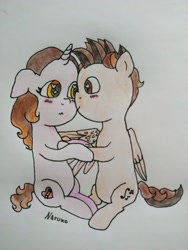 Size: 1536x2048 | Tagged: safe, artist:wrath-marionphauna, derpibooru import, oc, oc only, oc:algo-rythm, oc:color breezie, pegasus, unicorn, blushing, colored pencil drawing, horn, hug, looking at each other, looking at someone, pegasus oc, traditional art, unicorn oc, winghug, wings