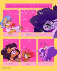 Size: 1200x1488 | Tagged: safe, artist:opossum-stuff, derpibooru import, babs seed, coloratura, doctor fauna, saffron masala, screwball, bird, chicken, earth pony, unicorn, adorababs, bowl, countess coloratura, crazy eyes, cringing, cute, ear piercing, earring, eating, elizabeak, excited, freckles, hat, jewelry, loud, microphone, piercing, propeller hat, rara, singing, six fanarts, speakers, starry eyes, wingding eyes