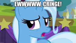 Size: 1280x720 | Tagged: safe, derpibooru import, edit, edited screencap, screencap, trixie, pony, unicorn, no second prances, season 6, caption, cringing, female, imgflip, mare, open mouth, outdoors, text