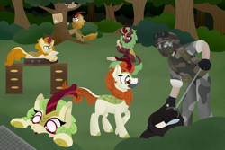Size: 3000x2000 | Tagged: safe, artist:mcshelster, derpibooru import, autumn afternoon, autumn blaze, cinder glow, fern flare, spring glow, summer flare, human, kirin, fanfic:questionable ethics, adrian shephard, briefcase, cellphone, forest, gas mask, h.e.c.u., half-life, half-life: opposing force, mask, outdoors, phone, table, telephone, trash bag