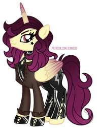 Size: 915x1200 | Tagged: safe, artist:jennieoo, derpibooru import, oc, oc only, oc:kennedy fletcher, alicorn, pony, alicorn oc, clothes, colored wings, female, folded wings, full body, gradient wings, horn, jacket, latex, latex boots, latex suit, leather jacket, show accurate, simple background, solo, standing, stars, transparent background, vector, wings