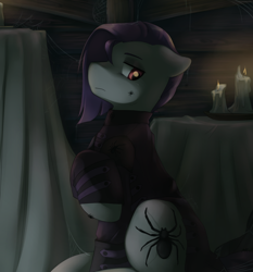 Size: 4666x5000 | Tagged: safe, artist:aquoquoo, derpibooru import, funnel web, earth pony, pony, spider, candle, clothes, frown, jacket, male, raised hoof, raised leg, sitting, solo, stallion