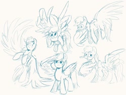 Size: 2000x1515 | Tagged: safe, artist:nolycs, derpibooru import, rainbow dash, pegasus, pony, female, mare, monochrome, multeity, practice sketch, simple background, sketch, sketch dump, solo, white background, wings