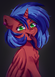 Size: 958x1346 | Tagged: safe, artist:zowzowo, derpibooru import, oc, oc only, oc:flameburst, alicorn, pony, chest fluff, commission, ear piercing, earring, forked tongue, jewelry, long tongue, piercing, solo, tongue, tongue out