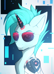 Size: 1240x1700 | Tagged: safe, artist:xeniusfms, derpibooru import, oc, oc only, pony, unicorn, augmented, bust, colt, foal, grin, looking at you, male, portrait, smiling, solo, stallion, sunglasses