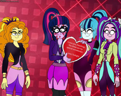 Size: 1280x1017 | Tagged: safe, artist:rdj1995, derpibooru import, adagio dazzle, aria blaze, sci-twi, sonata dusk, twilight sparkle, equestria girls, heart, holiday, kiss mark, lipstick, the dazzlings, valentine's day, valentine's day card