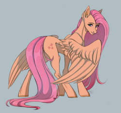 Size: 4937x4591 | Tagged: safe, artist:1an1, derpibooru import, fluttershy, pegasus, pony, female, looking at you, looking back, looking back at you, mare, rear view, side view, simple background, smiling, smiling at you, solo