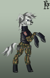 Size: 1740x2700 | Tagged: safe, alternate version, artist:kirov, derpibooru import, oc, oc only, zebra, angry, armor, bipedal, blue eyes, clothes, eyebrows, female, gradient background, gritted teeth, military uniform, solo, standing, stripes, uniform, wolfenstein