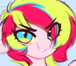 Size: 1624x1405 | Tagged: safe, artist:flixanoa, derpibooru import, oc, oc only, bat pony, pony, bust, eye clipping through hair, grin, hair over one eye, looking at you, portrait, smiling, solo