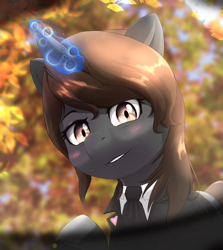 Size: 2500x2800 | Tagged: safe, artist:nihithebrony, derpibooru import, oc, oc only, oc:sonata, pony, unicorn, autumn, blurry, blurry background, blushing, brown eyes, brown hair, clothes, day, elements of justice, eyebrows, eyelashes, female, glasses, glowing, glowing horn, grin, high res, horn, lawyer, leaves, looking at you, magic, mare, necktie, outdoors, smiling, smiling at you, solo, suit, tree, turnabout storm