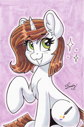 Size: 727x1102 | Tagged: safe, artist:dandy, derpibooru import, oc, oc only, oc:brittneigh ackermane, pony, unicorn, chest fluff, ear fluff, ears, eye clipping through hair, eyebrows, eyebrows visible through hair, female, grin, hooves, horn, looking at you, marker drawing, raised hoof, raised leg, shading, signature, simple background, sitting, smiling, solo, traditional art, unicorn oc