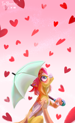 Size: 2258x3725 | Tagged: safe, artist:teaflower300, derpibooru import, oc, oc only, pegasus, pony, colored wings, heart, looking up, pale belly, smiling, solo, two toned wings, umbrella, wings