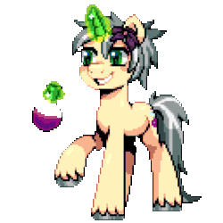 Size: 640x640 | Tagged: safe, artist:hikkage, derpibooru import, oc, oc only, oc:mercury shine, animated, clothes, error, flower, flower in hair, glitch, lab coat, pixel art, potion, simple background, solo, transparent background