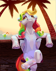 Size: 1601x2024 | Tagged: safe, artist:teaflower300, derpibooru import, oc, oc only, pegasus, pony, drink, leaning, palm tree, solo, tree
