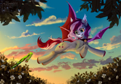 Size: 1280x893 | Tagged: safe, artist:teaflower300, derpibooru import, oc, oc only, bat pony, frog, pony, bat pony oc, bell, bell collar, collar, flying, looking at something, solo