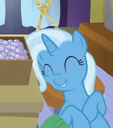 Size: 640x720 | Tagged: safe, derpibooru import, screencap, trixie, pony, unicorn, road to friendship, bed, cheek squish, cropped, cute, diatrixes, eyes closed, female, lying down, mare, smiling, solo, squishy cheeks