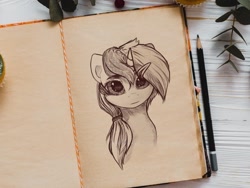 Size: 1600x1200 | Tagged: safe, artist:luneinspace, derpibooru import, minuette, pony, unicorn, barrette, big eyes, bust, notebook, paper sketch, portrait, realistic, semi-realistic, sketch style, solo