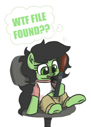 Size: 506x704 | Tagged: safe, artist:plunger, edit, editor:hotkinkajou, ponerpics import, oc, oc:anon filly, earth pony, pony, 404, blushing, clothes, computer chair, female, file not found, filly, foal, implied penis, looking down, mare, open mouth, pants, pun, shirt, simple background, sitting, thought bubble, visual pun, white background