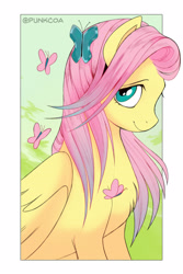 Size: 1400x2100 | Tagged: safe, artist:coapunk, artist:punkypants, derpibooru import, edit, fluttershy, butterfly, pegasus, pony, g4, beautiful, border, cropped, cute, female, looking at you, mare, shyabetes, smiling, solo