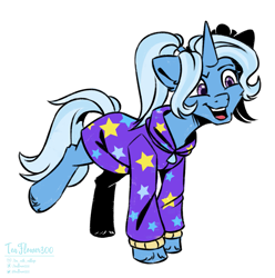 Size: 1233x1242 | Tagged: safe, artist:teaflower300, derpibooru import, trixie, pony, unicorn, alternate hairstyle, babysitter trixie, clothes, hoodie, pigtails, simple background, solo, white background