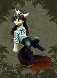 Size: 1646x2220 | Tagged: safe, artist:teaflower300, derpibooru import, oc, oc only, semi-anthro, unicorn, boots, clothes, frown, lidded eyes, pants, shirt, shoes, solo