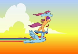 Size: 1024x710 | Tagged: safe, artist:brutamod, derpibooru import, rainbow dash, scootaloo, oc, pegasus, pony, 2016, alternate cutie mark, cloud, female, flapping wings, flying, helmet, holding a pony, looking at someone, looking offscreen, magical lesbian spawn, mother and child, mother and daughter, offspring, older, older scootaloo, parent and child, parent:rainbow dash, parent:scootaloo, parents:scootadash, scooter, sunset, trio, unnamed oc, wings