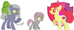 Size: 973x404 | Tagged: safe, artist:juliahtf, derpibooru import, apple bloom, limestone pie, oc, oc:appleruby, earth pony, pony, 2017, beige eyes, female, filly, foal, grey fur, lesbian, limesbloom, magical lesbian spawn, mother and child, mother and daughter, offspring, parent and child, parent:apple bloom, parent:limestone pie, parents:limesbloom, simple background, transparent background, trio