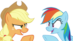 Size: 1280x724 | Tagged: safe, artist:twilyisbestpone, derpibooru import, edit, edited screencap, screencap, applejack, rainbow dash, earth pony, pegasus, pony, applejack's hat, background removed, clothes, cowboy hat, female, hat, looking at each other, looking at someone, mare, not a vector, simple background, transparent background