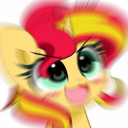 Size: 1504x1505 | Tagged: safe, artist:kittyrosie, derpibooru import, edit, sunset shimmer, pony, unicorn, equestria girls, :3, cute, cute little fangs, fangs, ohayou face, open mouth, radial blur, shimmerbetes, simple background, white background, zoom blur