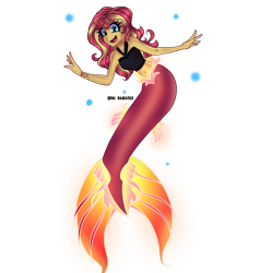 Size: 2520x2660 | Tagged: safe, artist:opal_radiance, derpibooru import, sunset shimmer, mermaid, equestria girls, bare shoulders, belly button, clothes, cute, female, fish tail, mermaid tail, mermaidized, shimmerbetes, simple background, sleeveless, solo, species swap, swimsuit, tail, transparent background, underwater