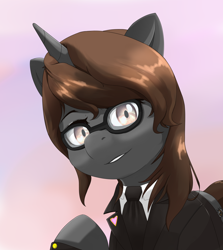 Size: 2500x2800 | Tagged: safe, artist:nihithebrony, derpibooru import, oc, oc only, oc:sonata, pony, unicorn, brown eyes, brown hair, clothes, colored background, elements of justice, female, glasses, horn, lawyer, looking at you, mare, necktie, simple background, smiling, smiling at you, suit, turnabout storm, unicorn oc