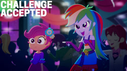 Size: 1280x720 | Tagged: safe, derpibooru import, edit, edited screencap, editor:quoterific, screencap, rainbow dash, scootaloo, eqg summertime shorts, equestria girls, raise this roof, bare shoulders, belt, canterlot high, clothes, cutie mark on clothes, duo, duo female, duo focus, eyes closed, fall formal outfits, female, fingerless gloves, gloves, male, open mouth, open smile, sleeveless, smiling
