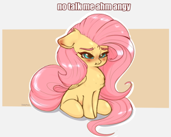 Size: 1500x1197 | Tagged: safe, artist:inky_mitts, derpibooru import, fluttershy, pegasus, pony, angry, blushing, chest fluff, cute, ears, female, floppy ears, madorable, mare, meme, no talk me im angy, pouting, shyabetes, sitting, solo, text, weapons-grade cute