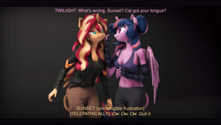 Size: 9600x5400 | Tagged: safe, artist:imafutureguitarhero, derpibooru exclusive, derpibooru import, sci-twi, sunset shimmer, twilight sparkle, twilight sparkle (alicorn), alicorn, anthro, classical unicorn, unicorn, 3d, absurd resolution, adorable face, adorkable, arm fluff, arm freckles, belly button, black bars, cargo pants, cheek fluff, chest fluff, chest freckles, chromatic aberration, clothes, cloven hooves, colored eyebrows, colored eyelashes, conversation, cute, descriptive noise, detailed hair, dork, duo, ear fluff, ear freckles, ear piercing, earring, ears, evening gloves, female, film grain, floppy ears, fluffy, fluffy mane, freckles, fur, glasses, gloves, grin, horn, jacket, jewelry, leather jacket, leonine tail, lesbian, long gloves, long hair, long mane, long nails, looking at each other, looking at someone, mare, midriff, multicolored hair, multicolored mane, multicolored tail, mute, nose wrinkle, paintover, pants, peppered bacon, piercing, pulling, raised eyebrow, revamped anthros, revamped ponies, scitwilicorn, scitwishimmer, shipping, shirt, shoulder fluff, shoulder freckles, signature, smiling, source filmmaker, striped gloves, subtitles, sunset shimmer is not amused, sunsetsparkle, tail, tail fluff, talking, tanktop, telepathy, text, unamused, unshorn fetlocks, varying degrees of amusement, wall of tags, zipper, zippermouth