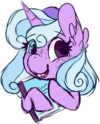 Size: 1023x1270 | Tagged: safe, artist:maximumpiracy, derpibooru import, oc, oc only, oc:punchline pie, pony, unicorn, book, bust, ear fluff, ears, female, heterochromia, horn, magical lesbian spawn, mare, offspring, parent:pinkie pie, parent:trixie, parents:trixiepie, simple background, transparent background, unicorn oc