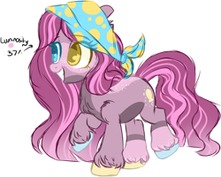 Size: 1280x1022 | Tagged: safe, artist:maximumpiracy, derpibooru import, pinkie pie, earth pony, pony, base used, eyelashes, female, grin, headscarf, heterochromia, mare, redesign, scarf, simple background, smiling, solo, story included, transparent background, unshorn fetlocks