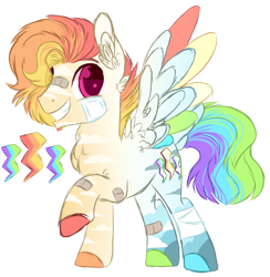 Size: 1280x1310 | Tagged: safe, artist:maximumpiracy, derpibooru import, oc, oc only, pegasus, pony, bandage, base used, colored hooves, ear fluff, ears, female, grin, male, mare, multicolored hair, parent:cloudchaser, parent:rainbow dash, pegasus oc, rainbow hair, raised hoof, raised leg, simple background, smiling, stallion, transparent background, wings