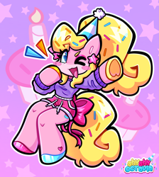 Size: 2943x3287 | Tagged: safe, artist:shyshyoctavia, derpibooru import, oc, oc:sugar sprinkles, anthro, earth pony, bow, chibi, clothes, ear piercing, earring, food, hat, hoof heart, hot pink, jewelry, kemono, multicolored hooves, party hat, piercing, pink, purple, shorts, solo, sprinkles, sweater, tail, tail bow